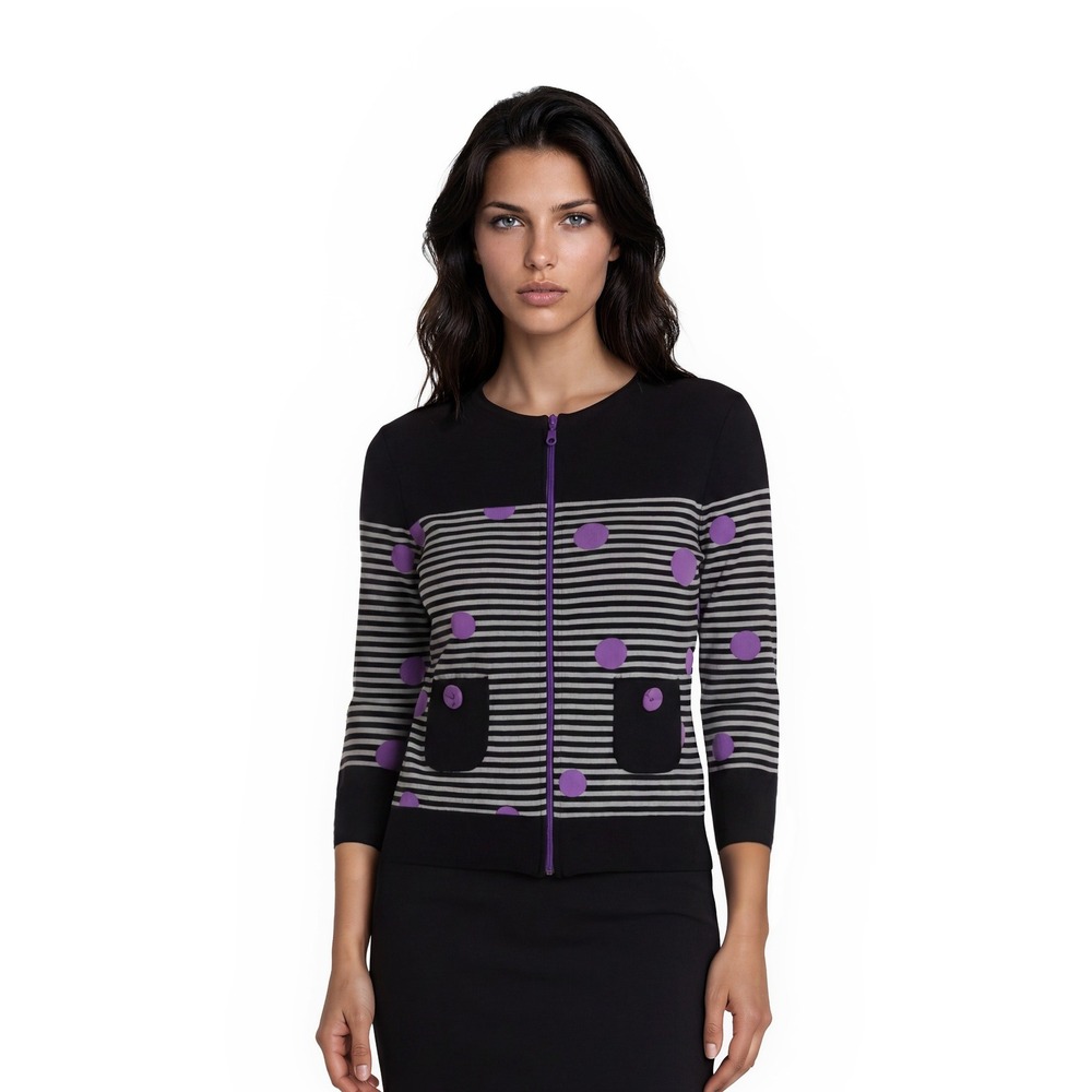 Joseph Ribkoff Jacket Women's Size 6 Black Purple Polka Dot Striped Full Zip Top